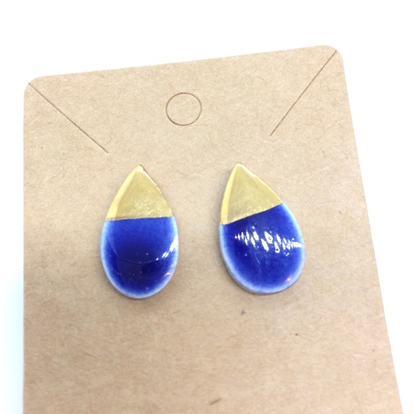 3/$30 PORCELAIN GOLD DIP BLUE GLAZE TEARDROP STUD EARRINGS STERLING SILVER PETAL - Picture 4 of 16